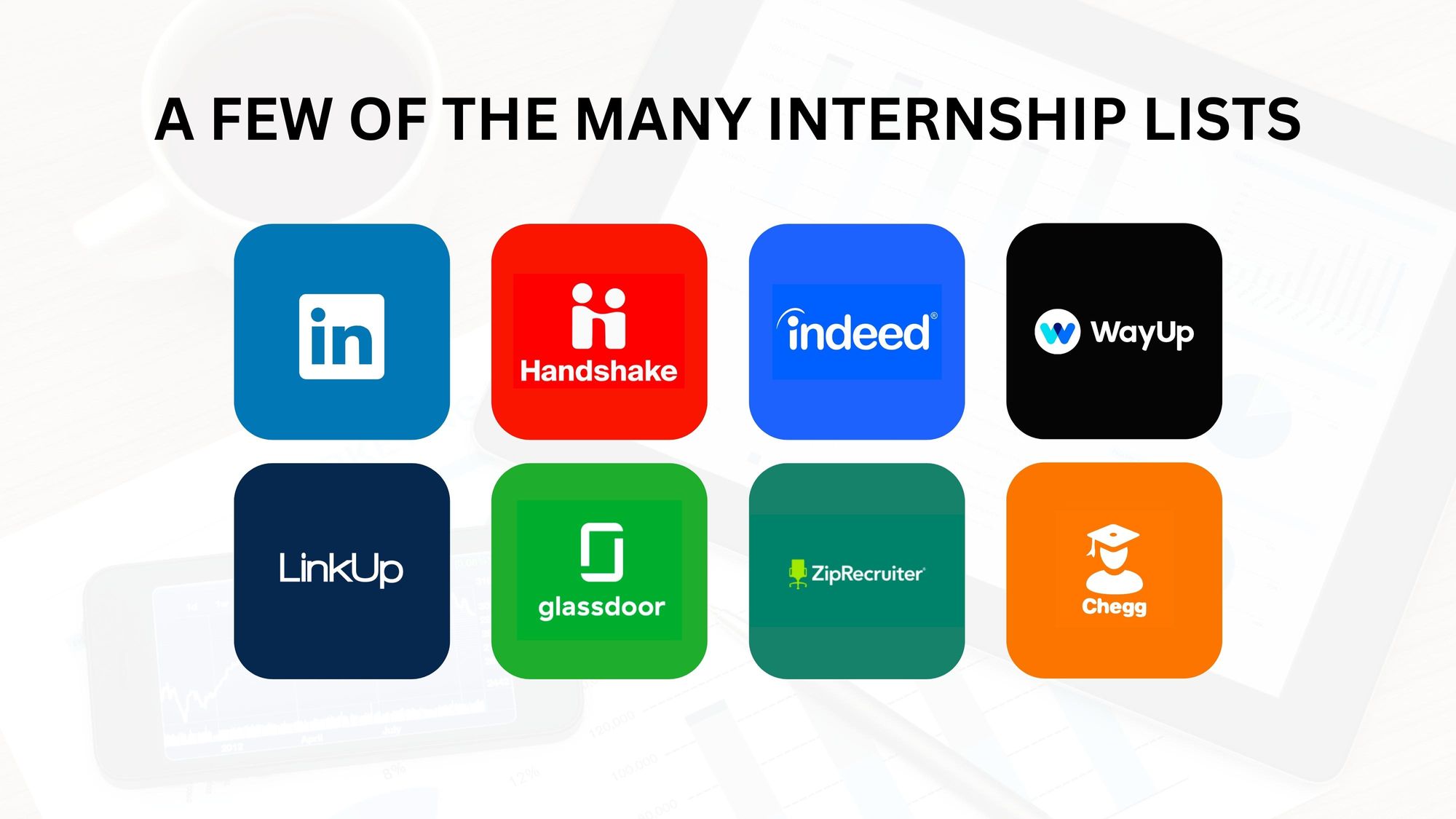 Infographic showing the logos of eight well-known internship listing boards.