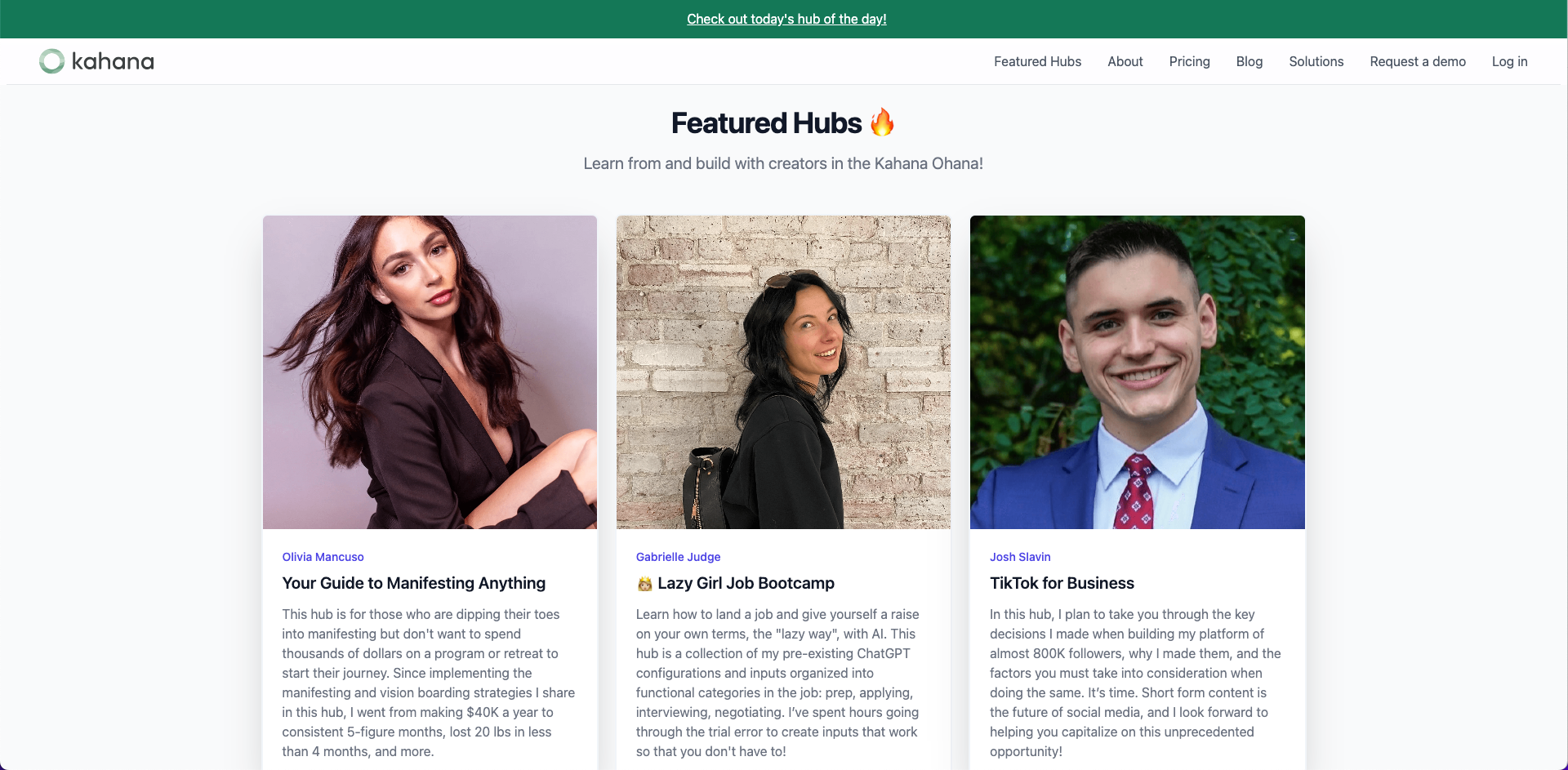Screenshot of the Kahana Featured Hubs page